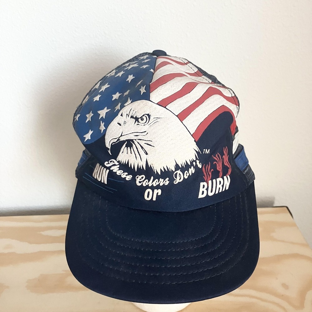 Vintage Haband Hat Cap Snap Back One Size Blue Eagle Flag USA Trucker Mens 80s